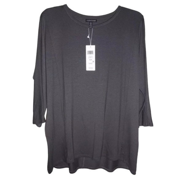 Eileen Fisher VINTAGE Top Jersey Ballet Neck XSmall 2 4 Bark Notched Hem NWT - Picture 1 of 12